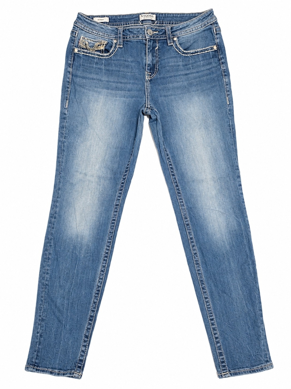 Vigoss Women’s Blue Skinny Jeans with Faded Whisker Detail